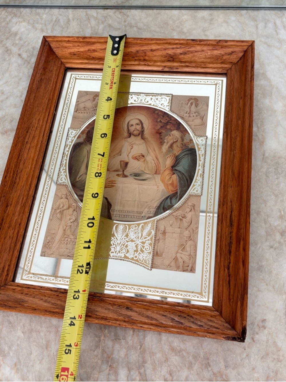 Framed Mirrored Religious Last Supper Print in Warm Wood Frame - Brown and Cream - Picture 5 of 8